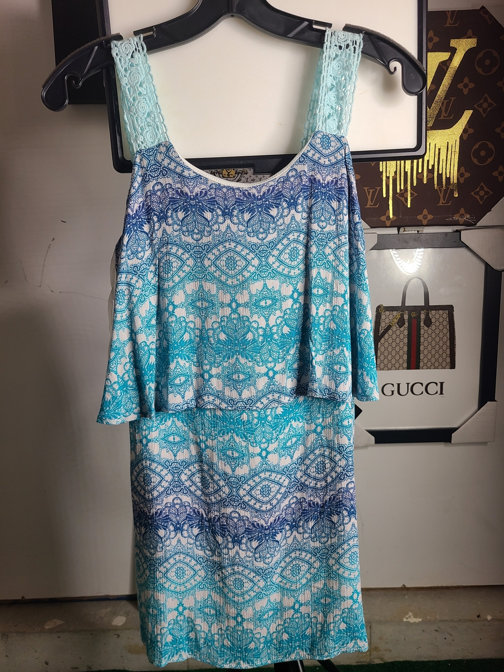 Girls Sleeveless Aqua & Navy Print Casual Dress with Lace Straps